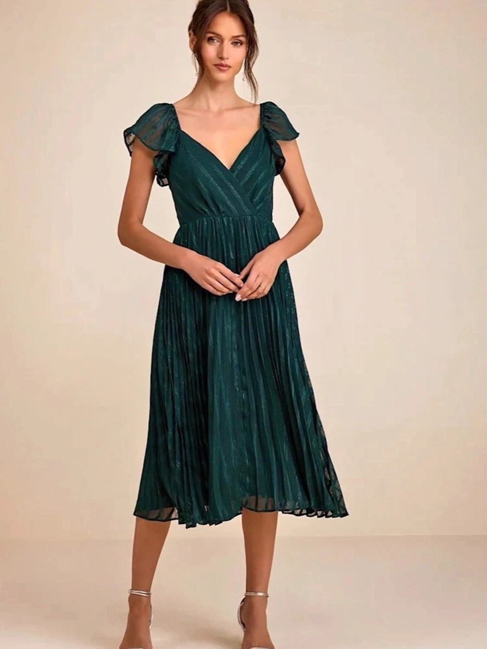 Standout Sophistication Emerald Lurex Flutter Sleeve Midi Dress